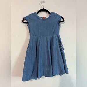Mini Boden 6-7 blue Chambray Polka Dot Pocket Circle Dress
